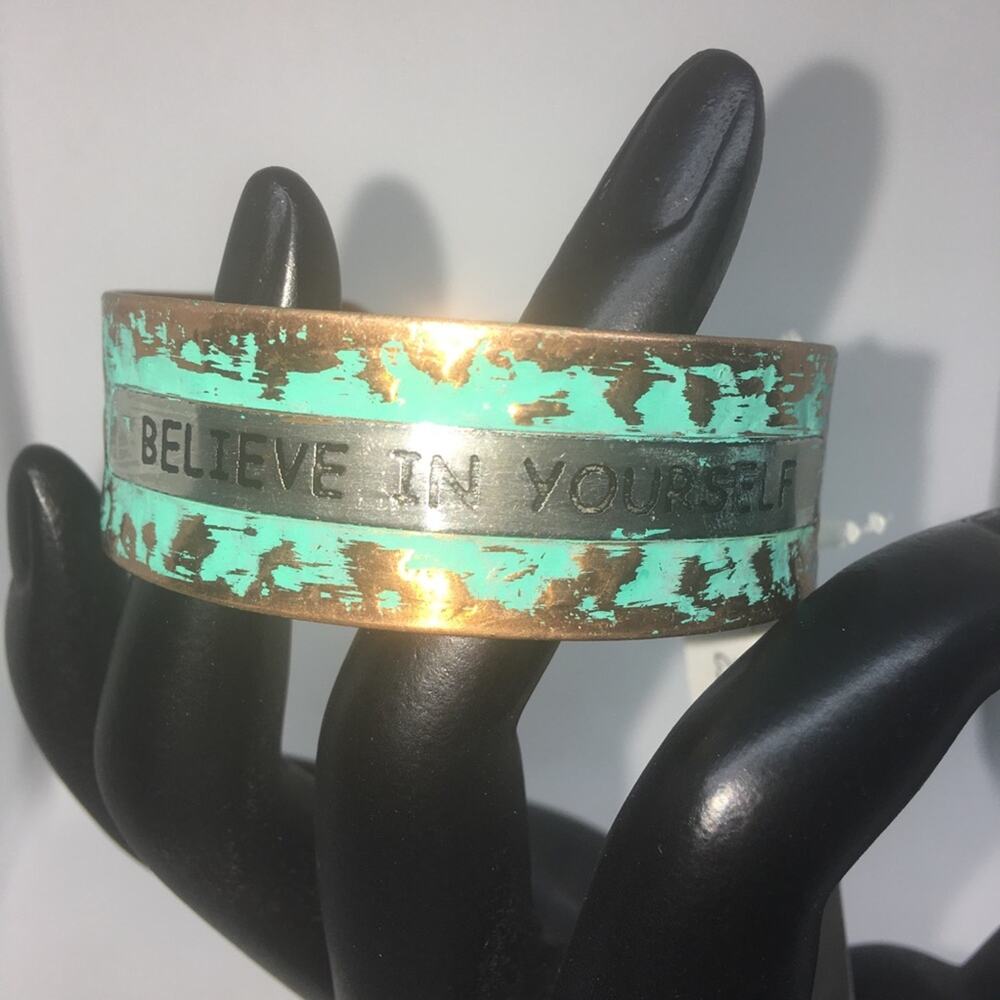 Believe In Yourself Oxidized Cuff Bracelet - Copper, Green - Picture 5 of 7